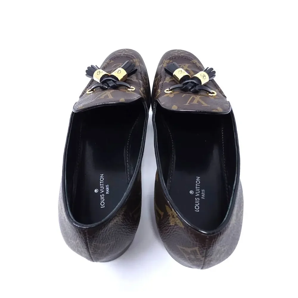 Louis Vuitton Monogram Tassel Loafers Society Canvas LV Logo Slip Flats 37.5 7.5